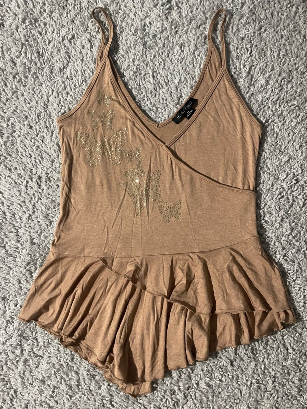 Y2K Tan Butterfly Embellished silence + noise Ruffle Cami Top